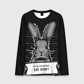 Мужской лонгслив 3D с принтом ПЛОХОЙ КРОЛИК   BAD BUNNY в Курске, 100% полиэстер | длинные рукава, круглый вырез горловины, полуприлегающий силуэт | Тематика изображения на принте: 2023 | bad bunny | новый год 2023 | ну погоди | черный заяц | черный кролик