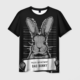 Мужская футболка 3D с принтом ПЛОХОЙ КРОЛИК   BAD BUNNY в Курске, 100% полиэфир | прямой крой, круглый вырез горловины, длина до линии бедер | 2023 | bad bunny | новый год 2023 | ну погоди | черный заяц | черный кролик