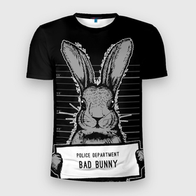 Мужская футболка 3D Slim с принтом ПЛОХОЙ КРОЛИК   BAD BUNNY в Курске, 100% полиэстер с улучшенными характеристиками | приталенный силуэт, круглая горловина, широкие плечи, сужается к линии бедра | Тематика изображения на принте: 2023 | bad bunny | новый год 2023 | ну погоди | черный заяц | черный кролик