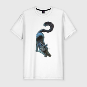 Мужская футболка хлопок Slim с принтом Котяра выгнул спину в Екатеринбурге, 92% хлопок, 8% лайкра | приталенный силуэт, круглый вырез ворота, длина до линии бедра, короткий рукав | Тематика изображения на принте: cat | kitten | paws | tail | кот | котёнок | кошка | хвост