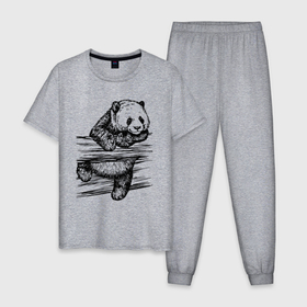 Мужская пижама хлопок с принтом Панда лезет через забор в Курске, 100% хлопок | брюки и футболка прямого кроя, без карманов, на брюках мягкая резинка на поясе и по низу штанин
 | Тематика изображения на принте: bear | muzzle | panda | paws | лапы | медведь | панда