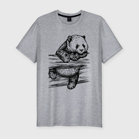 Мужская футболка хлопок Slim с принтом Панда лезет через забор в Курске, 92% хлопок, 8% лайкра | приталенный силуэт, круглый вырез ворота, длина до линии бедра, короткий рукав | Тематика изображения на принте: bear | muzzle | panda | paws | лапы | медведь | панда
