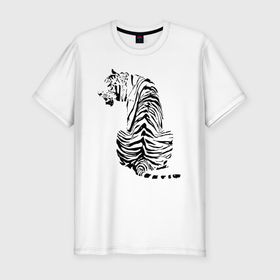 Мужская футболка хлопок Slim с принтом Тигр со спины , 92% хлопок, 8% лайкра | приталенный силуэт, круглый вырез ворота, длина до линии бедра, короткий рукав | beast | predator | skin | tail | tiger | зверь | тигр | хвост | хищник