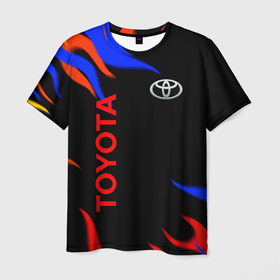 Мужская футболка 3D с принтом Toyota Разноцветный огонь. в Кировске, 100% полиэфир | прямой крой, круглый вырез горловины, длина до линии бедер | auto | sport | toyota | авто | автомобиль | бренд | спорт | тойота