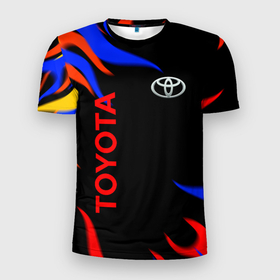 Мужская футболка 3D Slim с принтом Toyota Разноцветный огонь. в Тюмени, 100% полиэстер с улучшенными характеристиками | приталенный силуэт, круглая горловина, широкие плечи, сужается к линии бедра | auto | sport | toyota | авто | автомобиль | бренд | спорт | тойота