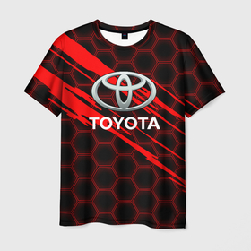 Мужская футболка 3D с принтом Toyota: Красные соты. в Новосибирске, 100% полиэфир | прямой крой, круглый вырез горловины, длина до линии бедер | Тематика изображения на принте: auto | sport | toyota | авто | автомобиль | бренд | спорт | тойота