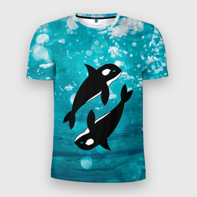 Мужская футболка 3D Slim с принтом кит косатка в океане в Петрозаводске, 100% полиэстер с улучшенными характеристиками | приталенный силуэт, круглая горловина, широкие плечи, сужается к линии бедра | orca | sea | whale | вода | кит | косатка | море | океан