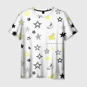 Мужская футболка 3D с принтом Звёздная тема в Санкт-Петербурге, 100% полиэфир | прямой крой, круглый вырез горловины, длина до линии бедер | Тематика изображения на принте: звезда | звездный | звездочки | звезды | здвездочка | минимализм | паттерн | рисунок | рукописный | фон