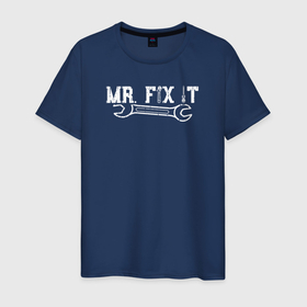 Мужская футболка хлопок с принтом Mr. FIX IT в Курске, 100% хлопок | прямой крой, круглый вырез горловины, длина до линии бедер, слегка спущенное плечо. | builder | constructor | архитектор | инженер | каменщик | плотник | подрядчик | строители | строитель | стройка