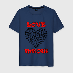 Мужская футболка хлопок с принтом LOVE MEOW в Екатеринбурге, 100% хлопок | прямой крой, круглый вырез горловины, длина до линии бедер, слегка спущенное плечо. | love | meow | любовь | мяу | сердце | следы