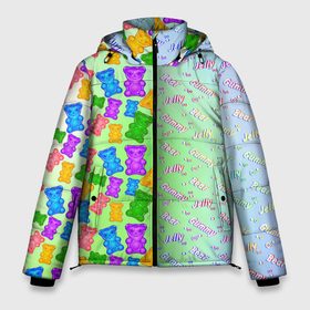 Мужская зимняя куртка 3D с принтом Желейные мишки в Курске, верх — 100% полиэстер; подкладка — 100% полиэстер; утеплитель — 100% полиэстер | длина ниже бедра, свободный силуэт Оверсайз. Есть воротник-стойка, отстегивающийся капюшон и ветрозащитная планка. 

Боковые карманы с листочкой на кнопках и внутренний карман на молнии. | Тематика изображения на принте: bears | candy | gummy | jelly | желе | конфеты | мишка | сладости