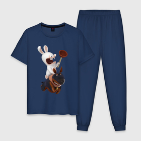 Мужская пижама хлопок с принтом Бешеный кролик на собаке в Тюмени, 100% хлопок | брюки и футболка прямого кроя, без карманов, на брюках мягкая резинка на поясе и по низу штанин
 | Тематика изображения на принте: animals | cartoons | dog | games | netflix | rabbit | raving rabbids | ubisoft | бешеные кролики | вантуз | животные | игры | мультики | нетфликс | собака | юбисофт