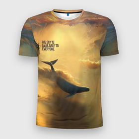 Мужская футболка 3D Slim с принтом never surrender   кит в Тюмени, 100% полиэстер с улучшенными характеристиками | приталенный силуэт, круглая горловина, широкие плечи, сужается к линии бедра | Тематика изображения на принте: арт | кит | небо | облака | солнце