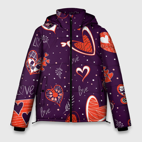 Мужская зимняя куртка 3D с принтом Красно белые сердечки и слово love на темно фиолетовом фоне в Белгороде, верх — 100% полиэстер; подкладка — 100% полиэстер; утеплитель — 100% полиэстер | длина ниже бедра, свободный силуэт Оверсайз. Есть воротник-стойка, отстегивающийся капюшон и ветрозащитная планка. 

Боковые карманы с листочкой на кнопках и внутренний карман на молнии. | 14 февраля | love | белые надписи | валентинки | графичные сердечки | день валентина | день святого патрика | красно белые сердечки | красно белый | красные сердца | любовь | праздник