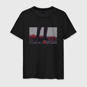 Мужская футболка хлопок с принтом Flowers and Keds в Новосибирске, 100% хлопок | прямой крой, круглый вырез горловины, длина до линии бедер, слегка спущенное плечо. | Тематика изображения на принте: flower | jeans | keds | арт | кеды | цветы
