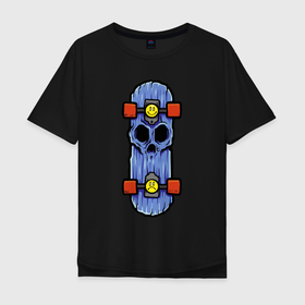 Мужская футболка хлопок Oversize с принтом Скейтборд крутого пацана в Тюмени, 100% хлопок | свободный крой, круглый ворот, “спинка” длиннее передней части | hype | skateboard | skull | wheels | доска | колёса | скейтборд | смайлик | хайп | череп
