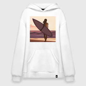 Худи SuperOversize хлопок с принтом Девушка серфер в Новосибирске, 70% хлопок, 30% полиэстер, мягкий начес внутри | карман-кенгуру, эластичная резинка на манжетах и по нижней кромке, двухслойный капюшон
 | girl | sunshine | surf | девушка | закат | море | серфинг