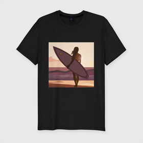 Мужская футболка хлопок Slim с принтом Девушка серфер в Екатеринбурге, 92% хлопок, 8% лайкра | приталенный силуэт, круглый вырез ворота, длина до линии бедра, короткий рукав | girl | sunshine | surf | девушка | закат | море | серфинг