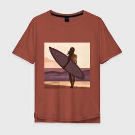 Мужская футболка хлопок Oversize с принтом Девушка серфер в Екатеринбурге, 100% хлопок | свободный крой, круглый ворот, “спинка” длиннее передней части | girl | sunshine | surf | девушка | закат | море | серфинг
