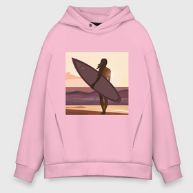 Мужское худи Oversize хлопок с принтом Девушка серфер в Новосибирске, френч-терри — 70% хлопок, 30% полиэстер. Мягкий теплый начес внутри —100% хлопок | боковые карманы, эластичные манжеты и нижняя кромка, капюшон на магнитной кнопке | Тематика изображения на принте: girl | sunshine | surf | девушка | закат | море | серфинг