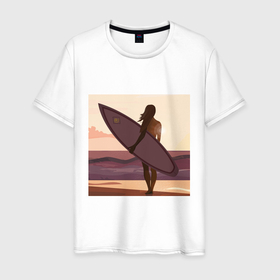 Мужская футболка хлопок с принтом Девушка серфер в Петрозаводске, 100% хлопок | прямой крой, круглый вырез горловины, длина до линии бедер, слегка спущенное плечо. | girl | sunshine | surf | девушка | закат | море | серфинг
