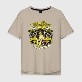 Мужская футболка хлопок Oversize с принтом Девушка королева скорости в Белгороде, 100% хлопок | свободный крой, круглый ворот, “спинка” длиннее передней части | Тематика изображения на принте: авто | гонки | девушка | ромб | скорость | уличный стиль