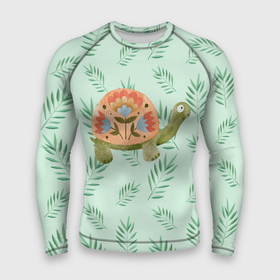 Мужской рашгард 3D с принтом Черепашка и листья в Курске,  |  | зелень | лето | листья | черепаха | черепашка