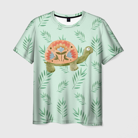 Мужская футболка 3D с принтом Черепашка и листья в Екатеринбурге, 100% полиэфир | прямой крой, круглый вырез горловины, длина до линии бедер | Тематика изображения на принте: зелень | лето | листья | черепаха | черепашка