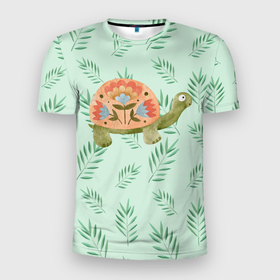 Мужская футболка 3D Slim с принтом Черепашка и листья в Екатеринбурге, 100% полиэстер с улучшенными характеристиками | приталенный силуэт, круглая горловина, широкие плечи, сужается к линии бедра | Тематика изображения на принте: зелень | лето | листья | черепаха | черепашка