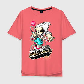 Мужская футболка хлопок Oversize с принтом Скелетон с микрофоном в Белгороде, 100% хлопок | свободный крой, круглый ворот, “спинка” длиннее передней части | микрофон | скелетон | уличный стиль | худи | цепь | шнур