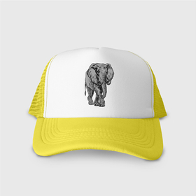 Кепка тракер с сеткой с принтом Огромный могучий слон в Тюмени, трикотажное полотно; задняя часть — сетка | длинный козырек, универсальный размер, пластиковая застежка | ears | elephant | giant | tusks | бивни | гигант | слон | уши