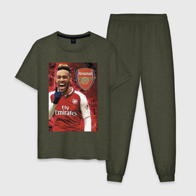 Мужская пижама хлопок с принтом Arsenal, Pierre Emerick Aubameyang в Тюмени, 100% хлопок | брюки и футболка прямого кроя, без карманов, на брюках мягкая резинка на поясе и по низу штанин
 | Тематика изображения на принте: arsenal | celebrity | england | football | forward | pierreemerick aubameyang | star | англия | арсенал | звезда | знаменитость | форвард | футбол
