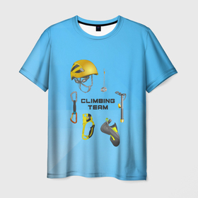 Мужская футболка 3D с принтом снаряжение для гор в Санкт-Петербурге, 100% полиэфир | прямой крой, круглый вырез горловины, длина до линии бедер | adrenaline | adventure | extreme | hiking | mountaineering | mountains | rockclimbing | rocks | адреналин | альпинизм | горы | скалолазание | скалы | снаряжение | туризм | экстрим