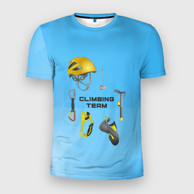 Мужская футболка 3D Slim с принтом снаряжение для гор в Белгороде, 100% полиэстер с улучшенными характеристиками | приталенный силуэт, круглая горловина, широкие плечи, сужается к линии бедра | adrenaline | adventure | extreme | hiking | mountaineering | mountains | rockclimbing | rocks | адреналин | альпинизм | горы | скалолазание | скалы | снаряжение | туризм | экстрим