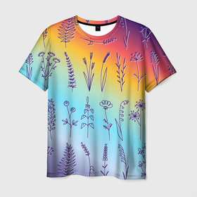 Мужская футболка 3D с принтом Растительный паттерн , 100% полиэфир | прямой крой, круглый вырез горловины, длина до линии бедер | ботаника | весна | ветки | веточки | градиент | лето | лист | листочки | минимализм | палочки | паттерн | природа | радуга | растение | растения | цветы