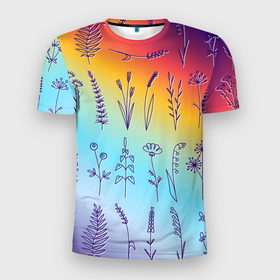 Мужская футболка 3D Slim с принтом Растительный паттерн в Новосибирске, 100% полиэстер с улучшенными характеристиками | приталенный силуэт, круглая горловина, широкие плечи, сужается к линии бедра | ботаника | весна | ветки | веточки | градиент | лето | лист | листочки | минимализм | палочки | паттерн | природа | радуга | растение | растения | цветы