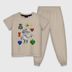Детская пижама хлопок с принтом Робот, на фоне космических кораблей. в Тюмени, 100% хлопок |  брюки и футболка прямого кроя, без карманов, на брюках мягкая резинка на поясе и по низу штанин
 | Тематика изображения на принте: веселый робот | день рождения | для девочки | для детей | для мальчика | космический корабль | космос | планета | подарок | пришелец | робот | цветной