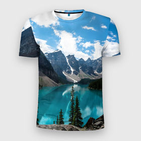 Мужская футболка 3D Slim с принтом Канада Банф в Новосибирске, 100% полиэстер с улучшенными характеристиками | приталенный силуэт, круглая горловина, широкие плечи, сужается к линии бедра | банф | вода | горы | деревья | канада | красота | небо