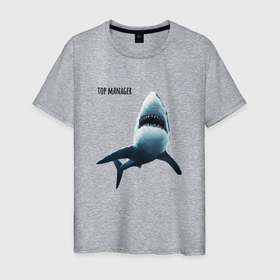 Мужская футболка хлопок с принтом Акула   топ менеджер в Екатеринбурге, 100% хлопок | прямой крой, круглый вырез горловины, длина до линии бедер, слегка спущенное плечо. | акула | бизнес | менеджер | работа | топ