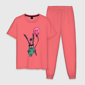 Мужская пижама хлопок с принтом Планктон с шариком в Екатеринбурге, 100% хлопок | брюки и футболка прямого кроя, без карманов, на брюках мягкая резинка на поясе и по низу штанин
 | веселье | мультик | планктон | рисунок | спанч боб | улыбка | шарик