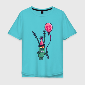 Мужская футболка хлопок Oversize с принтом Планктон с шариком в Кировске, 100% хлопок | свободный крой, круглый ворот, “спинка” длиннее передней части | веселье | мультик | планктон | рисунок | спанч боб | улыбка | шарик