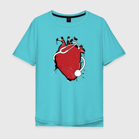 Мужская футболка хлопок Oversize с принтом Фонендоскоп обвивает сердце в Кировске, 100% хлопок | свободный крой, круглый ворот, “спинка” длиннее передней части | doctor | physician | врач | врач общей практики | врачи | доктор | лекарь | медик | медицина | педиатр | сердце | скребок | терапевт | целитель | шабер | эскулап