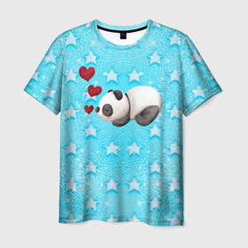 Мужская футболка 3D с принтом Сонная милая панда в Петрозаводске, 100% полиэфир | прямой крой, круглый вырез горловины, длина до линии бедер | Тематика изображения на принте: 14 февраля | iloveyou | love | влюбленным | день влюбленных | люблю | люблютебя | любовь | милая | милота | милый | нежность | признанеивлюбвю | признание | сердечко | сердце