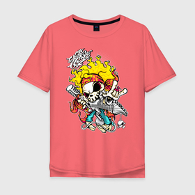 Мужская футболка хлопок Oversize с принтом Скелетон  с гитарой в Санкт-Петербурге, 100% хлопок | свободный крой, круглый ворот, “спинка” длиннее передней части | гитара | микрофон | пальцы | скелетон | уличный стиль | череп