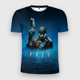 Мужская футболка 3D Slim с принтом Prey 2 blue horror в Екатеринбурге, 100% полиэстер с улучшенными характеристиками | приталенный силуэт, круглая горловина, широкие плечи, сужается к линии бедра | horror | prey | space | космический корабль | космос | прей | прэй | страшная игра | ужастик | шутер