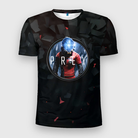 Мужская футболка 3D Slim с принтом Black logo Prey в Екатеринбурге, 100% полиэстер с улучшенными характеристиками | приталенный силуэт, круглая горловина, широкие плечи, сужается к линии бедра | horror | prey | space | космический корабль | космос | прей | прэй | страшная игра | ужастик | шутер