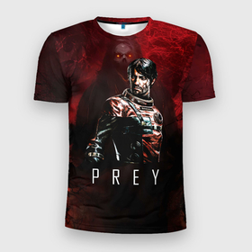 Мужская футболка 3D Slim с принтом Prey Dark red в Белгороде, 100% полиэстер с улучшенными характеристиками | приталенный силуэт, круглая горловина, широкие плечи, сужается к линии бедра | horror | prey | space | космический корабль | космос | прей | прэй | страшная игра | ужастик | шутер