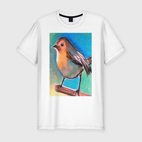 Мужская футболка хлопок Slim с принтом Рисунок пастелью птица синица в Тюмени, 92% хлопок, 8% лайкра | приталенный силуэт, круглый вырез ворота, длина до линии бедра, короткий рукав | акварель | дизайнер | пастель | подарить | подарок | рисунок | художник