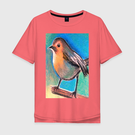 Мужская футболка хлопок Oversize с принтом Рисунок пастелью птица синица в Санкт-Петербурге, 100% хлопок | свободный крой, круглый ворот, “спинка” длиннее передней части | акварель | дизайнер | пастель | подарить | подарок | рисунок | художник