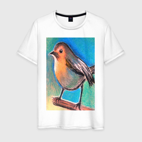 Мужская футболка хлопок с принтом Рисунок пастелью птица синица в Тюмени, 100% хлопок | прямой крой, круглый вырез горловины, длина до линии бедер, слегка спущенное плечо. | акварель | дизайнер | пастель | подарить | подарок | рисунок | художник